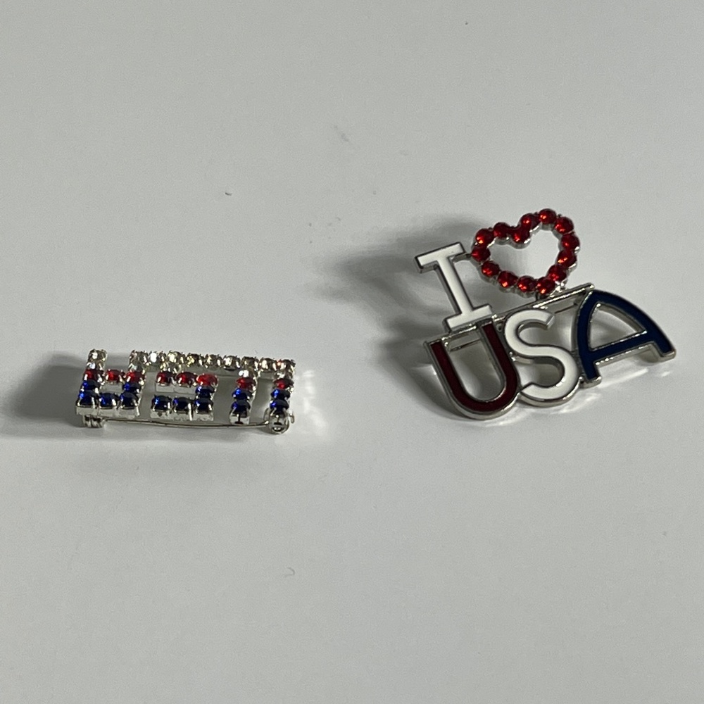 Two Vintage Rhinestone Brooches One is I ♥️ USA and the other is USA